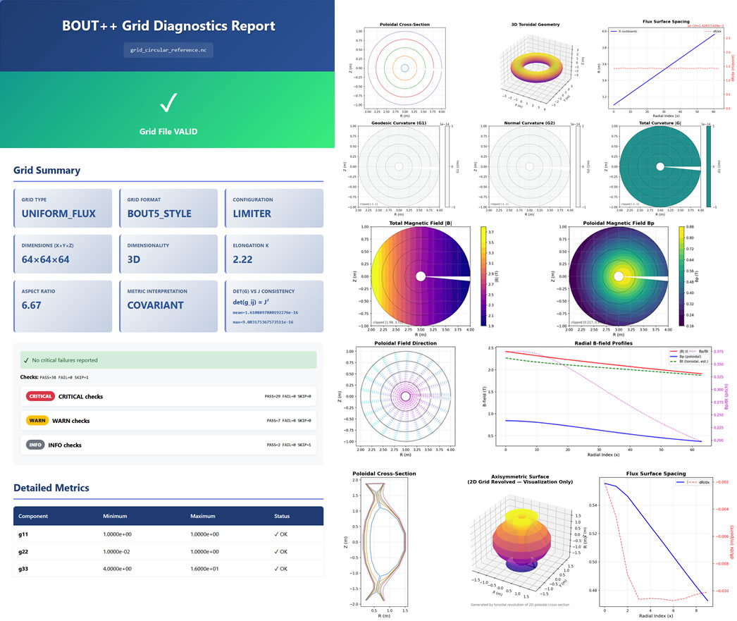 Visual report from the Chatwood Labs BOUT++ grid validation utility showing flux surface geometry and magnetic field magnitude